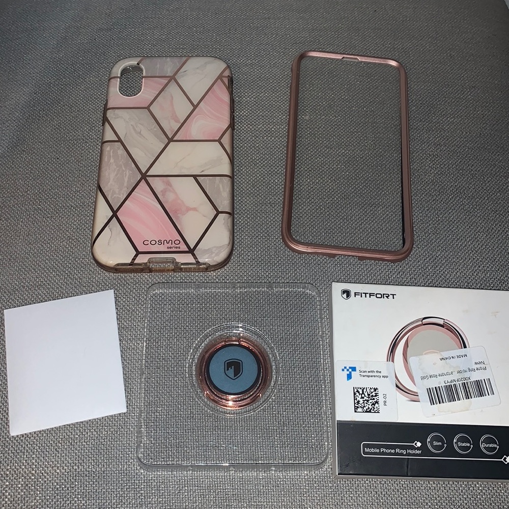 iPhone XS Case, Screen Protector, & Phone Ring/Holder - Rose Gold